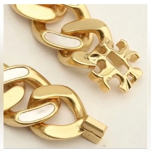NWOT Tory Burch Authentic Roxanne Inlay Chunky Bold Statement Gold Necklace